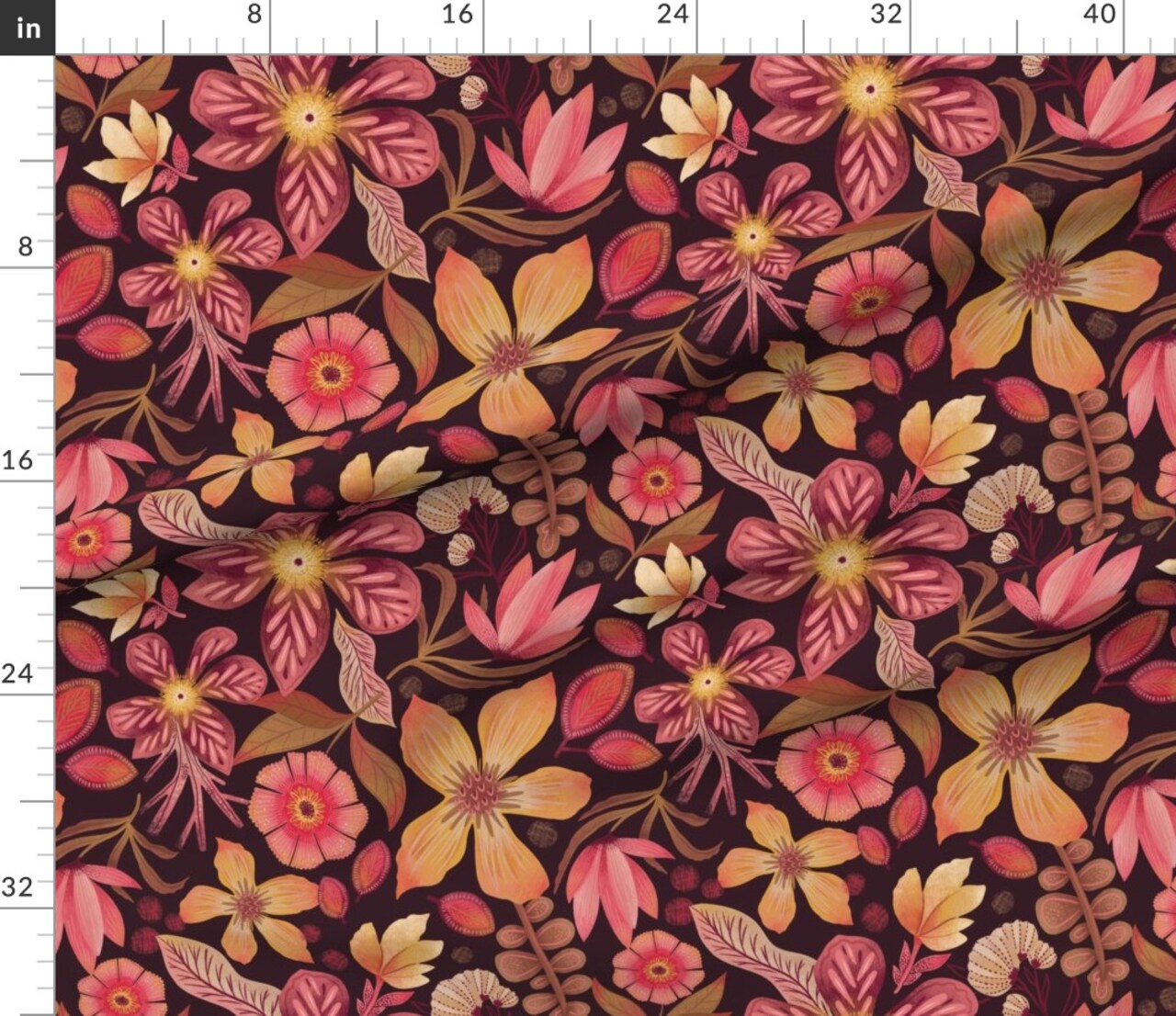 Dark Botanical Fall Orange Pink Flowers Floral Garden Blooms Moody Romantic Bold Custom Printed Fabric by Spoonflower Various Fabrics by the Yard or Fat Quarter